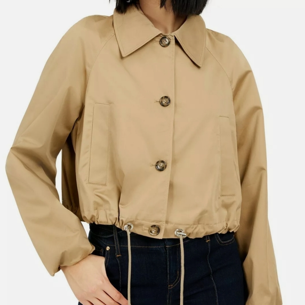 New INC All-Weather Drawstring Button Frnt Wing Collar Tan Short Trench Coat XXL